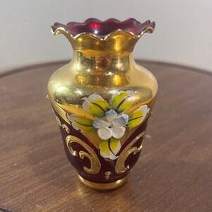 Vtg Murano Style Bud Vase Red Gold Hand Painted Floral Italian Glass 3.25"